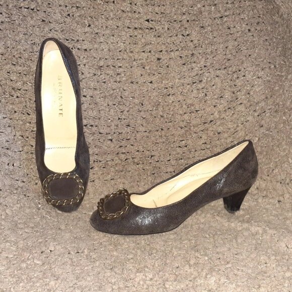 BRUNATE-Italy-Brown Shimmer Suede-Bronze Chain Pumps-Sz 39-Near Mint - Picture 1 of 8